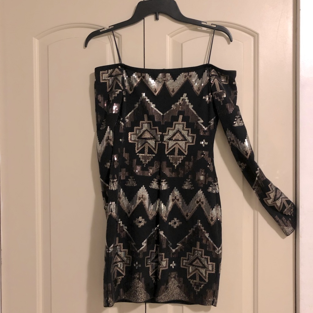 Off the shoulder, long sleeve, sequence dress